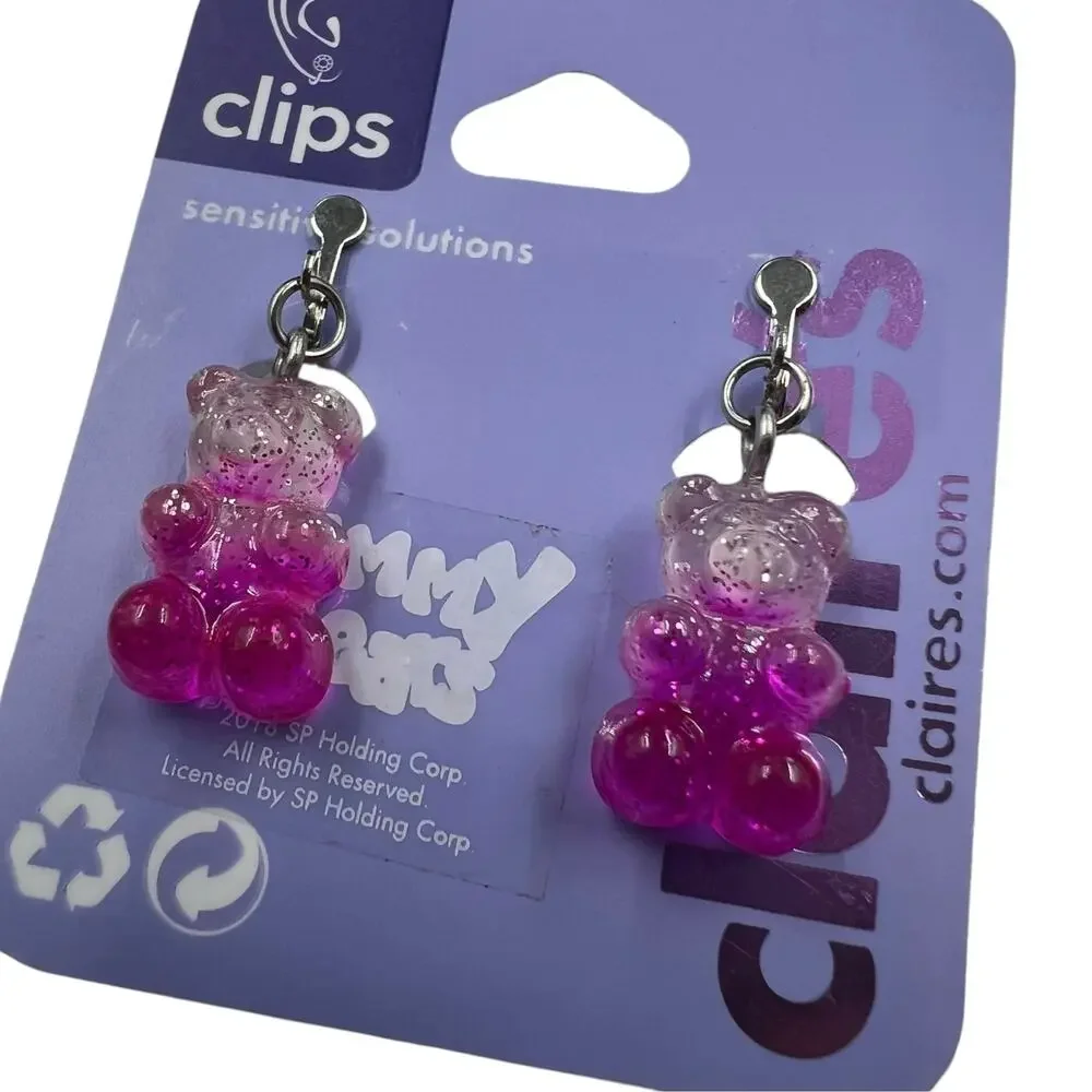 NEW Claire's Sensitive Solutions Pink Ombre Glitter Gummy Bear Clip On Earrings